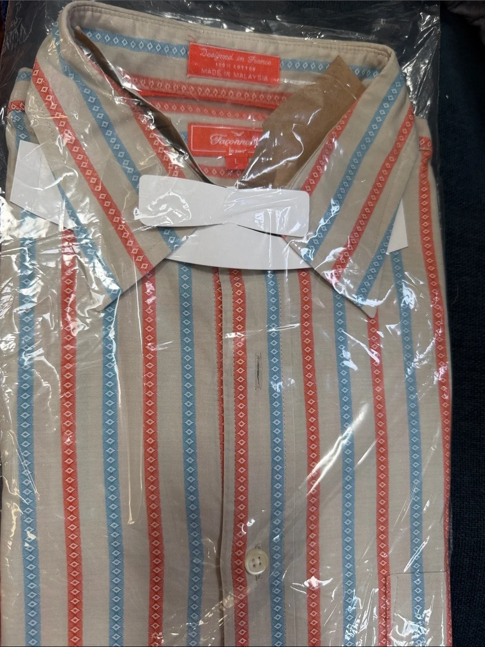 Faconnable Beige Button-Down Shirt with Red & Blue Stripes